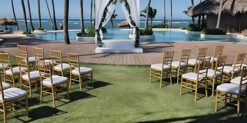 Indigo Pool Deck wedding ceremony setup overlooking the ocean at Zoetry Agua Punta Cana